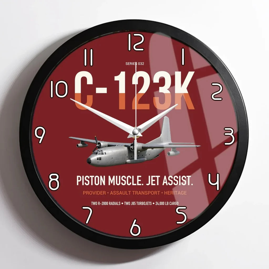 C-123K Provider design on dark red framed wall clock