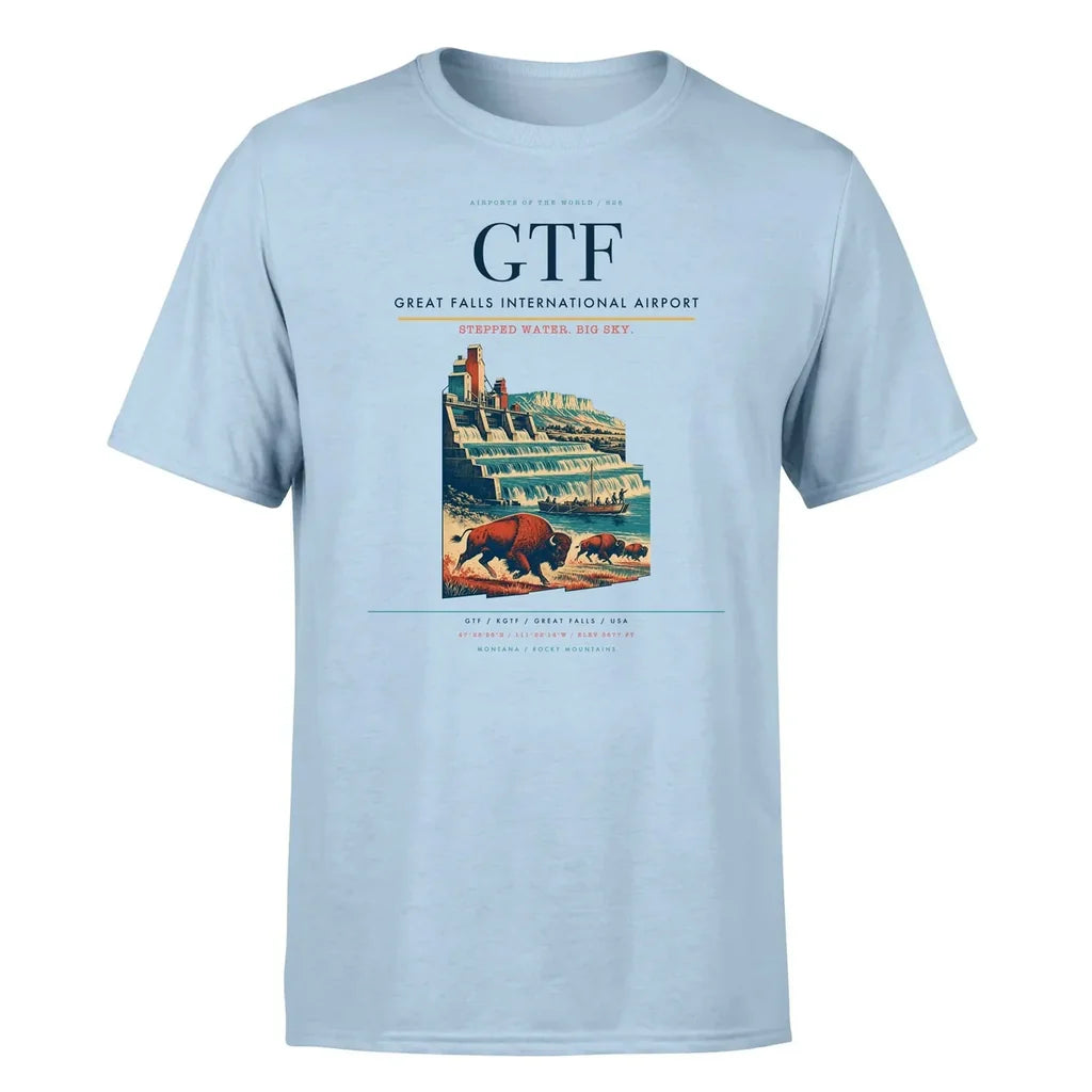 Great Falls International Airport (GTF) T-Shirt single-side front print in Light Blue | great-falls-international-airport-gtf-double-side-t-shirt