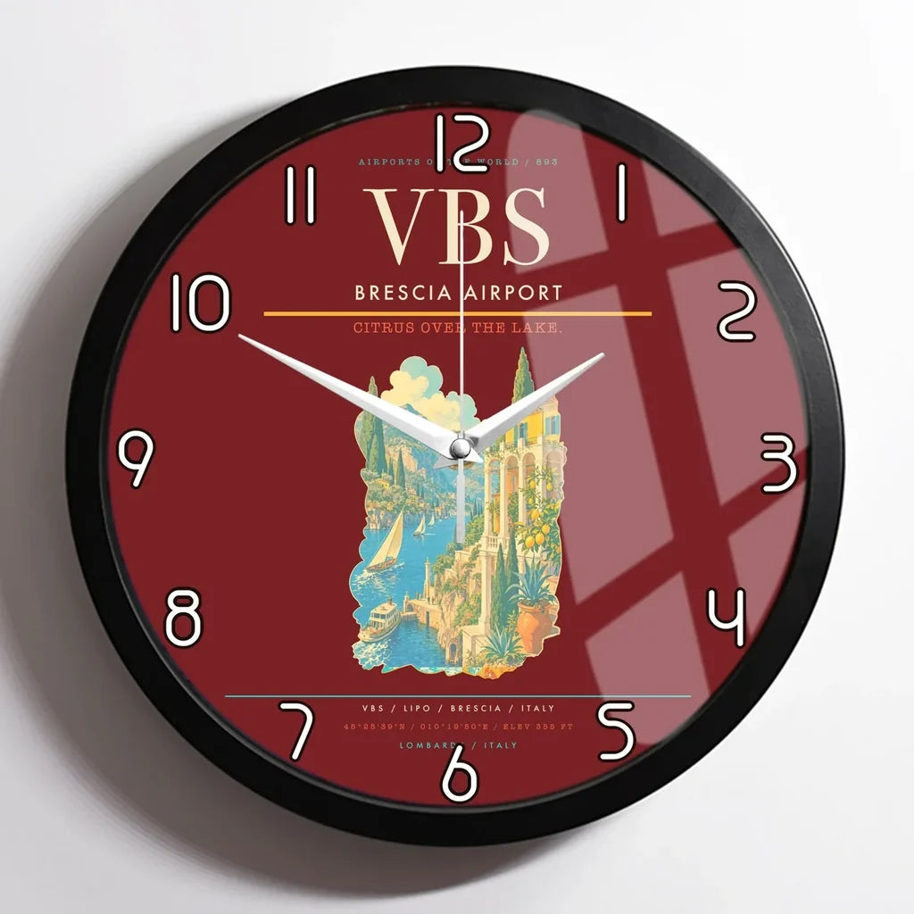 Brescia Airport (VBS) design on dark red framed wall clock