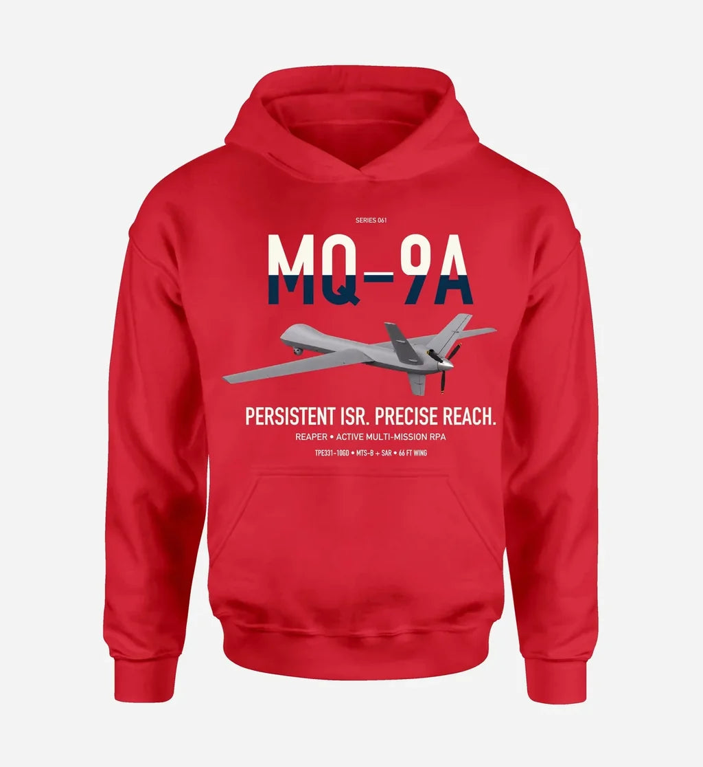 MQ-9A Reaper design on red double-side hoodie, single-side print