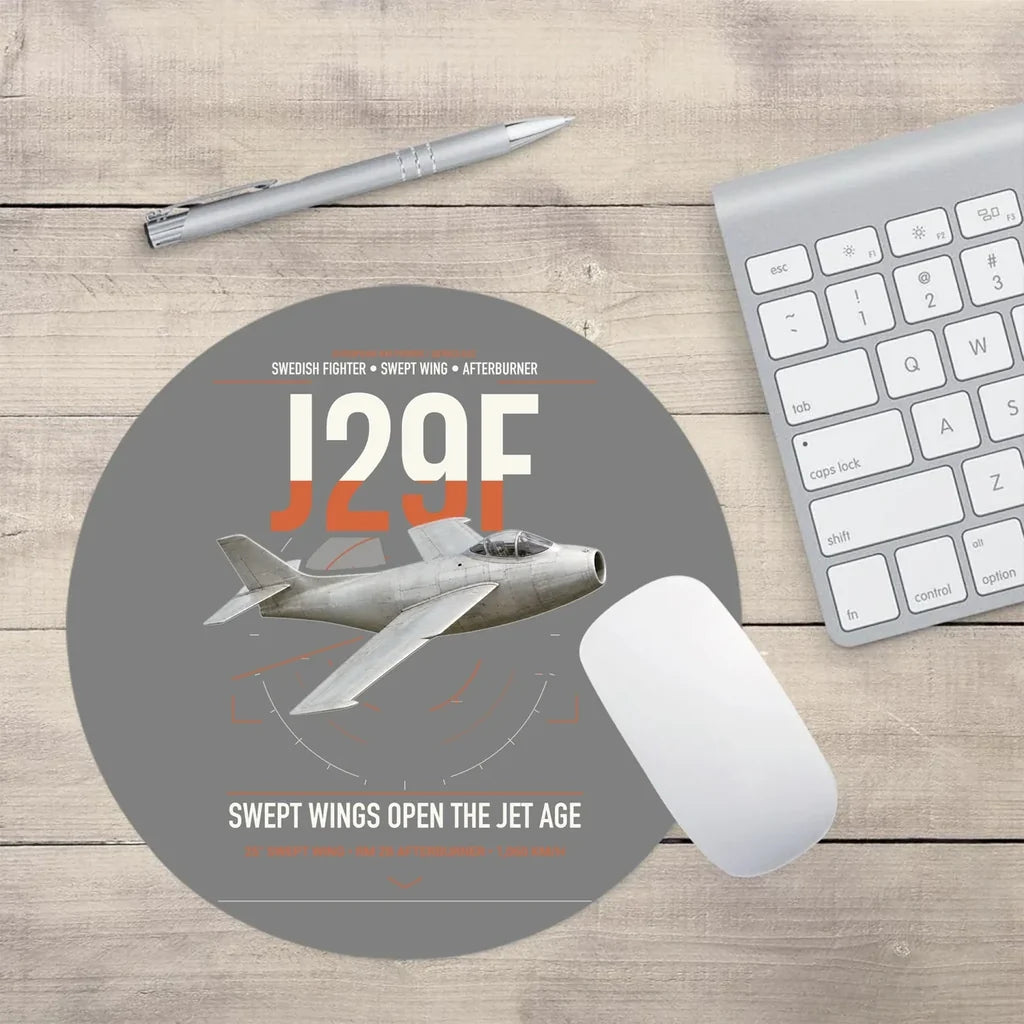 Saab J 29F Tunnan design on gray round mouse pad