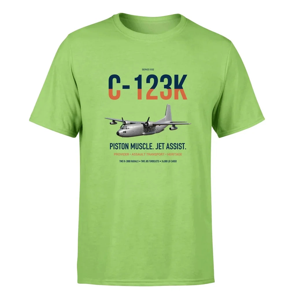 C-123K Provider design on light green double-side t-shirt, single-side print