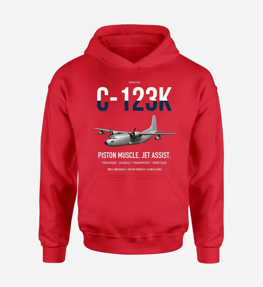 C-123K Provider design on red double-side hoodie, single-side print