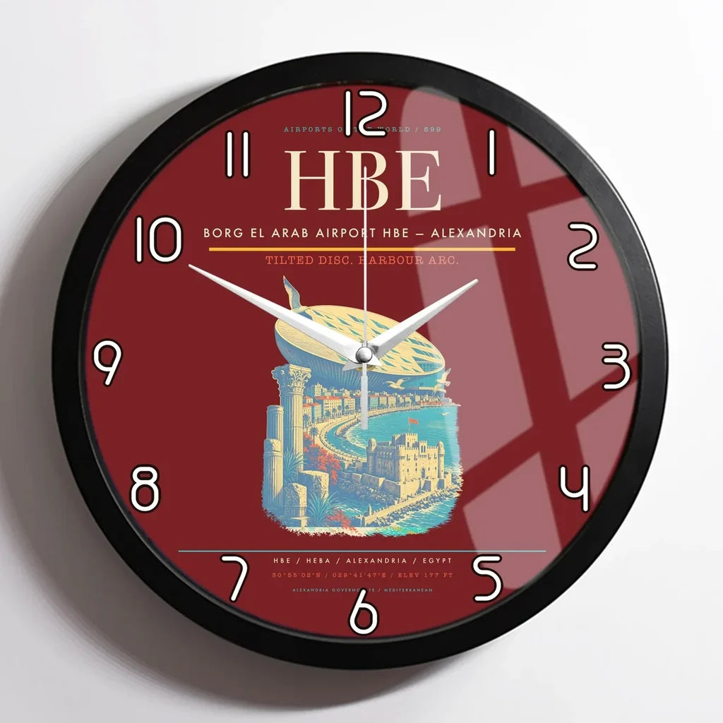 Borg El Arab Airport (HBE) design on dark red framed wall clock