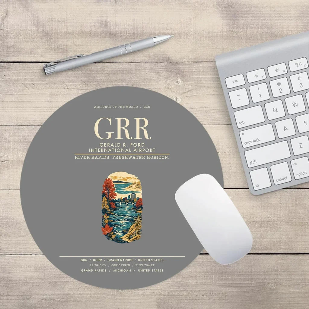 Gerald R. Ford International Airport Grand Rapids (GRR) design on gray round mouse pad