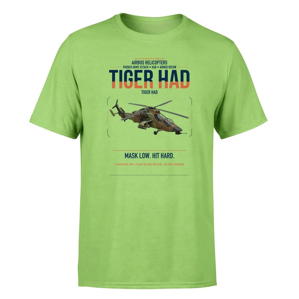 Airbus Helicopters Tiger HAD design on light green t-shirt, single-side print