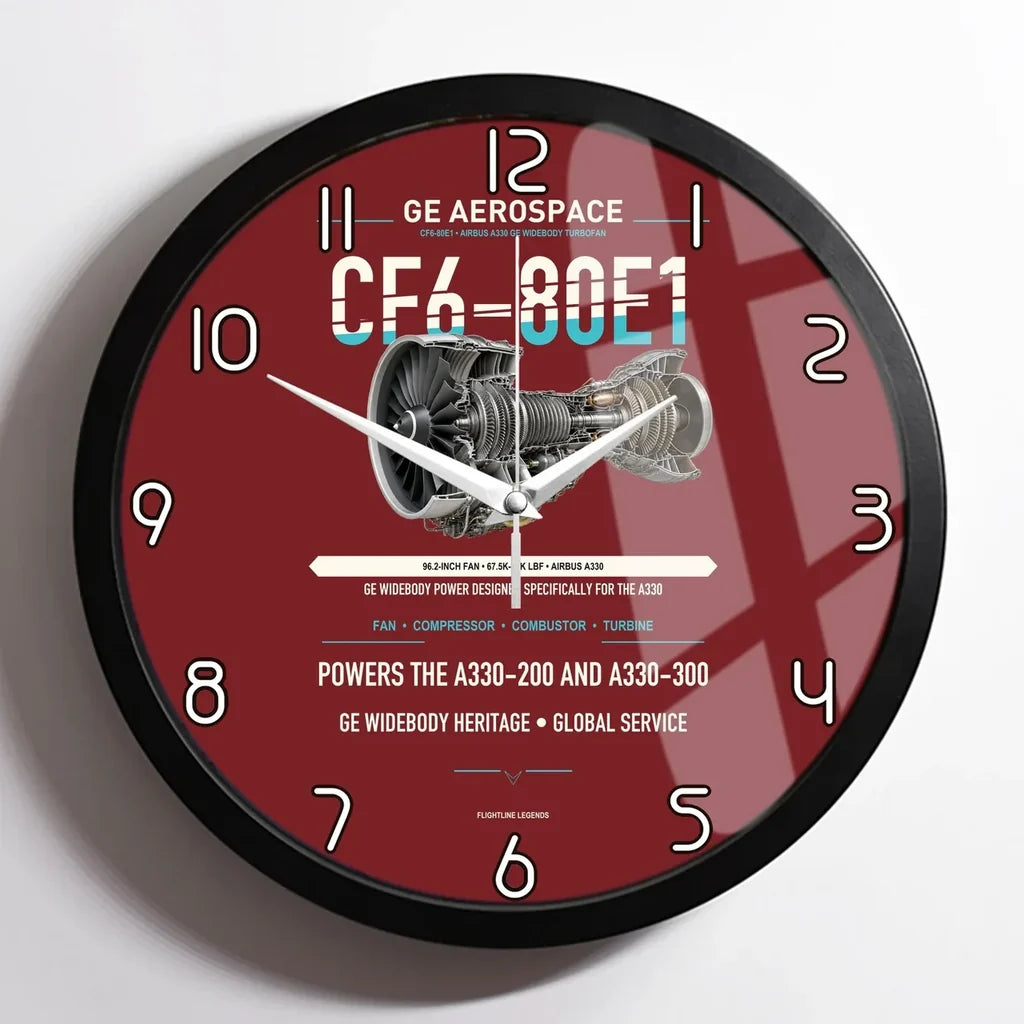 CF6-80E1 design on dark red framed wall clock