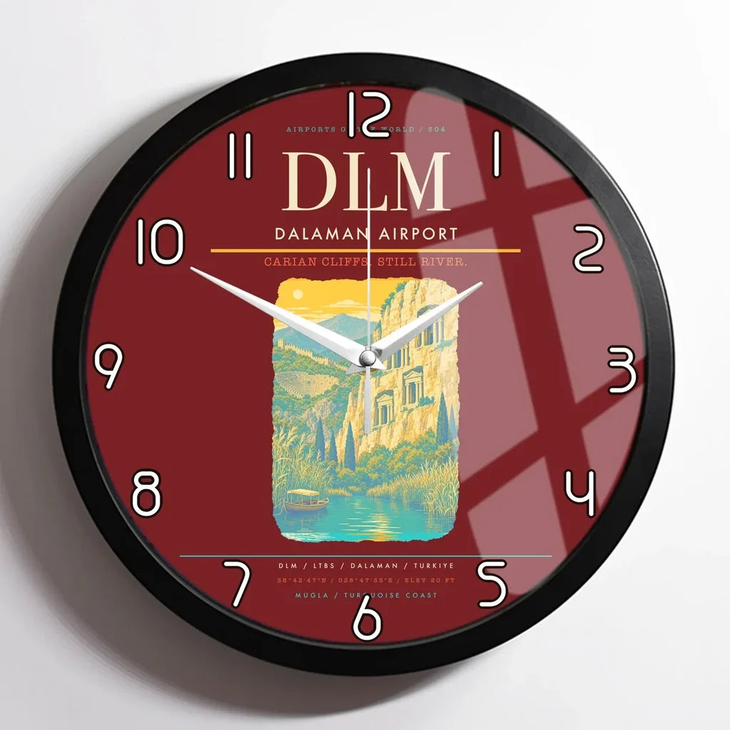 Dalaman Airport (DLM) design on dark red framed wall clock