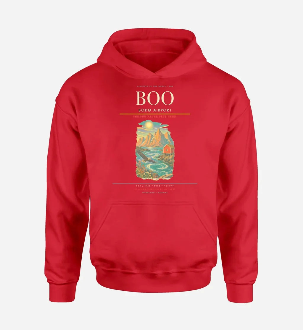Bodø Airport (BOO) design on red hoodie single-side print