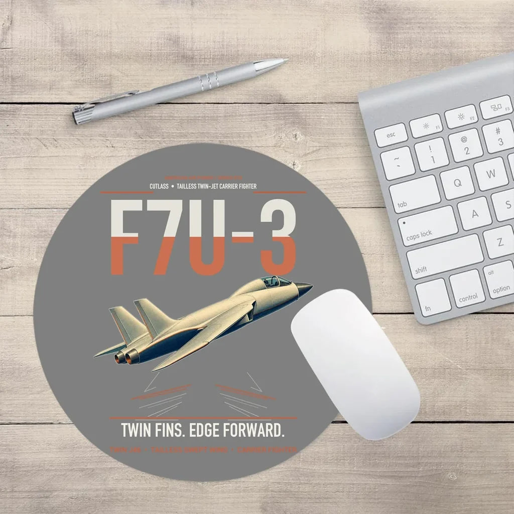 F7U-3 Cutlass design on gray round mouse pad