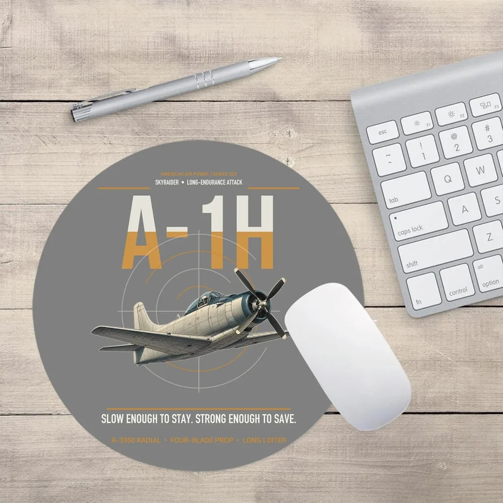 A-1H Skyraider design on gray round mouse pad