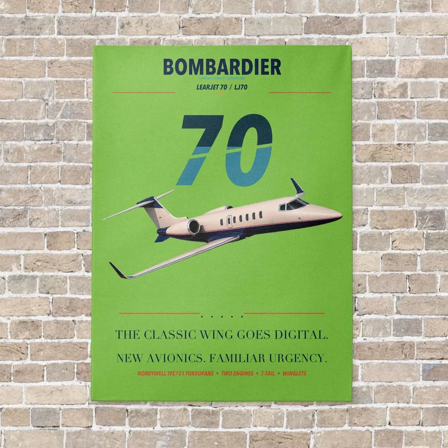 Bombardier Learjet 70 vertical canvas print - no frame - light green background