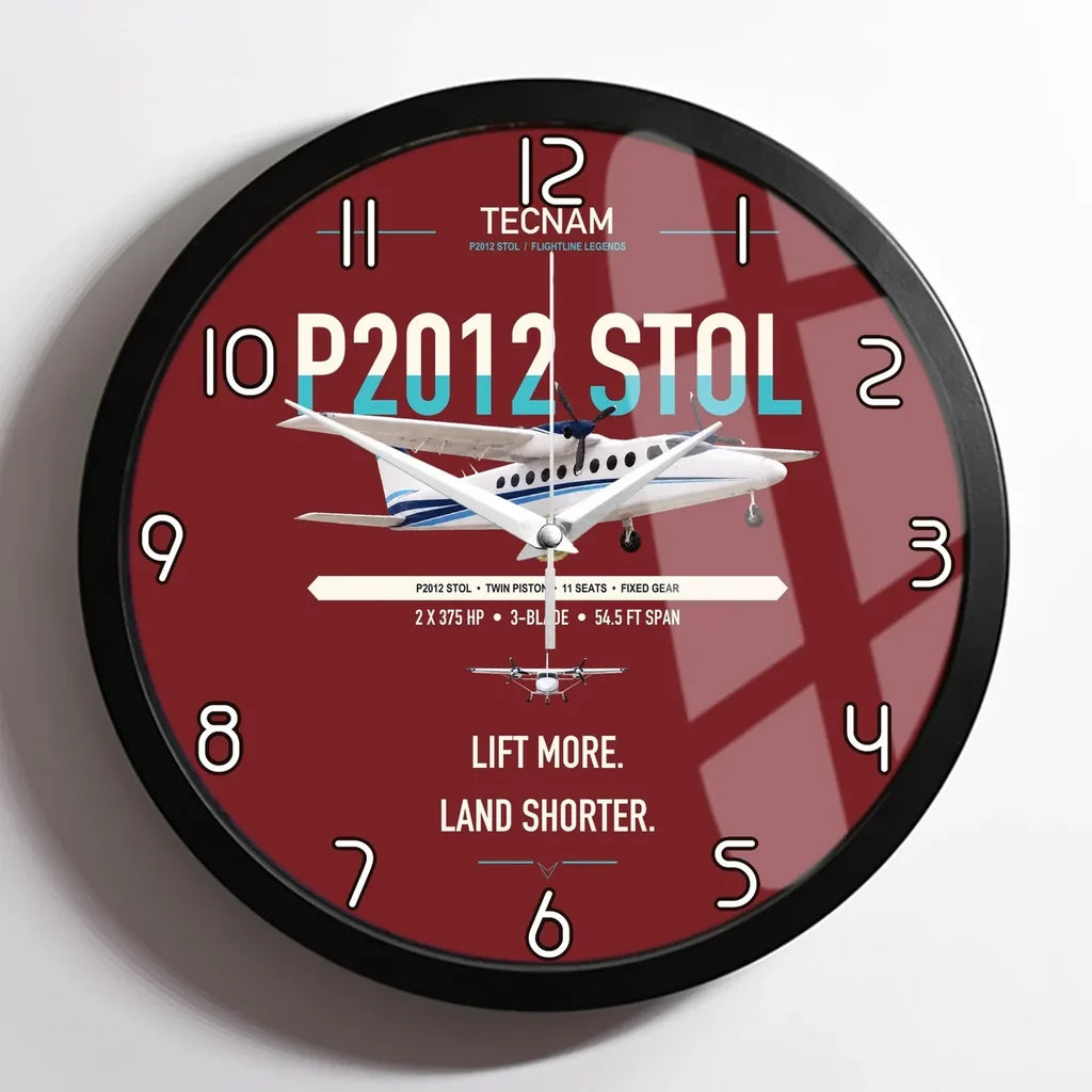 Tecnam P2012 STOL design on dark red framed wall clock