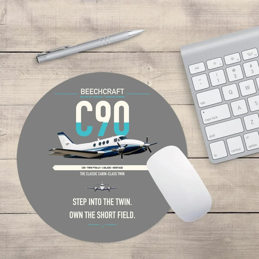 Beechcraft King Air C90 design on gray round mouse pad