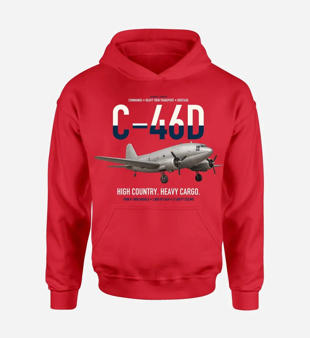 C-46D Commando design on red double-side hoodie, single-side print