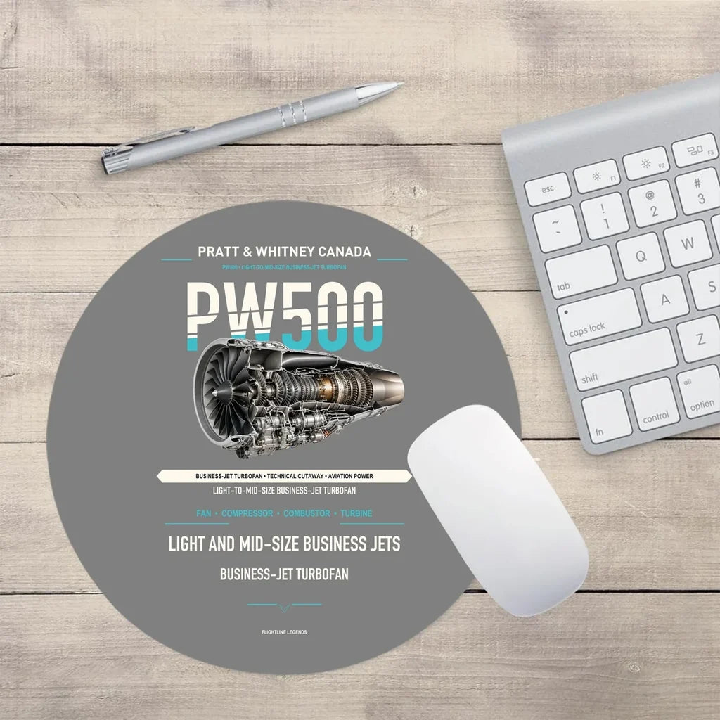 PW500 design on gray round mouse pad