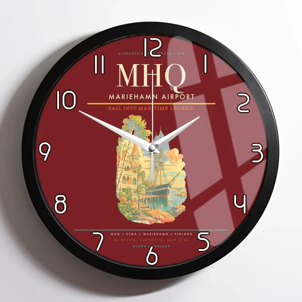 Mariehamn Airport (MHQ) design on dark red framed wall clock
