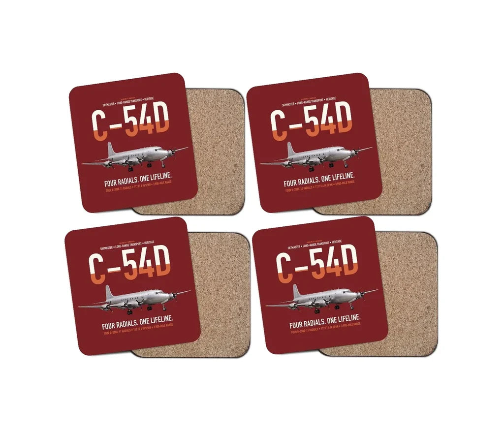 C-54D Skymaster design on dark red 4 pieces set coaster
