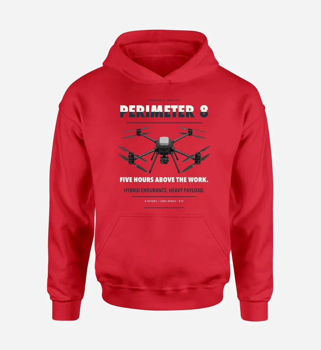 Skyfront Perimeter 8 design on red hoodie single side