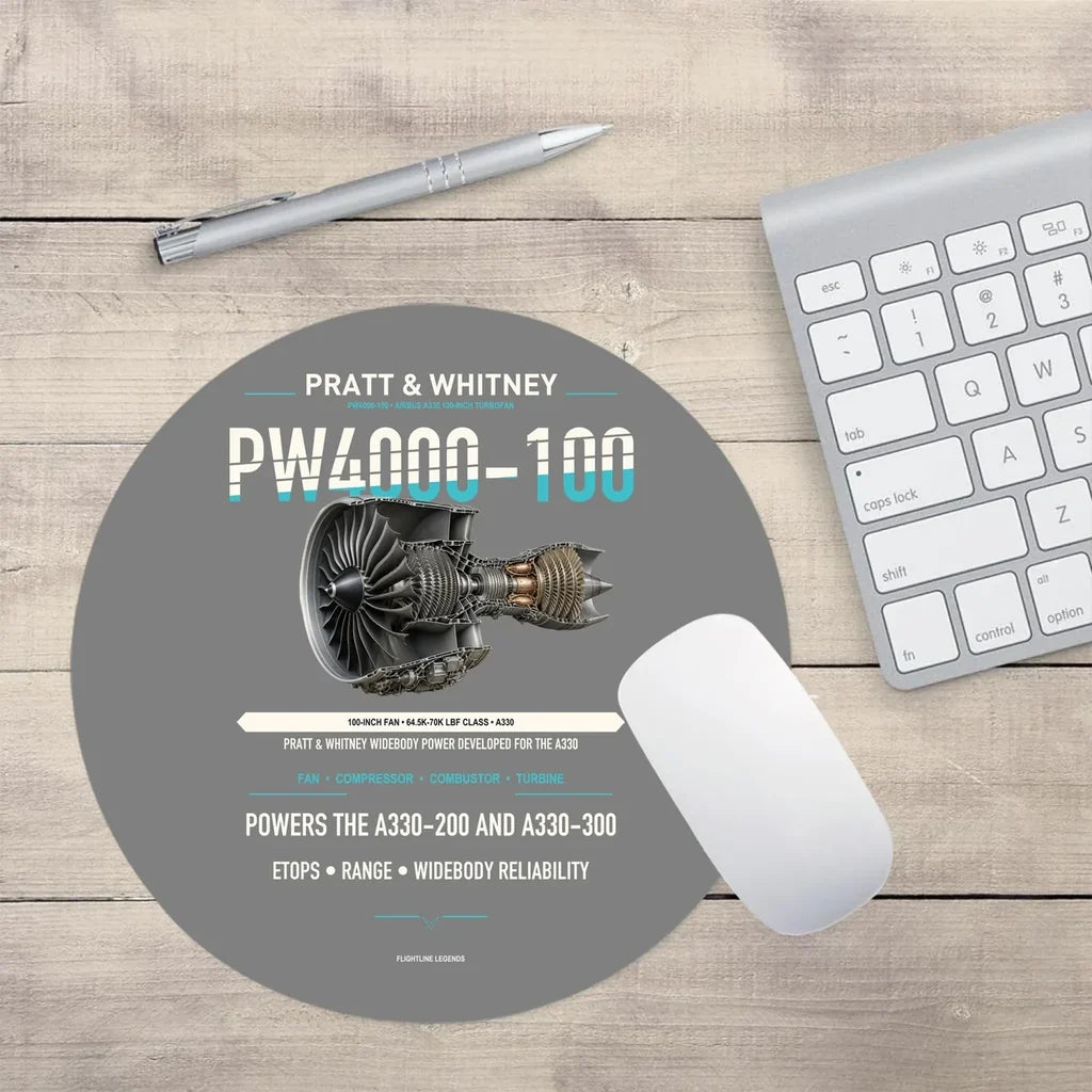 PW4000-100 design on gray round mouse pad