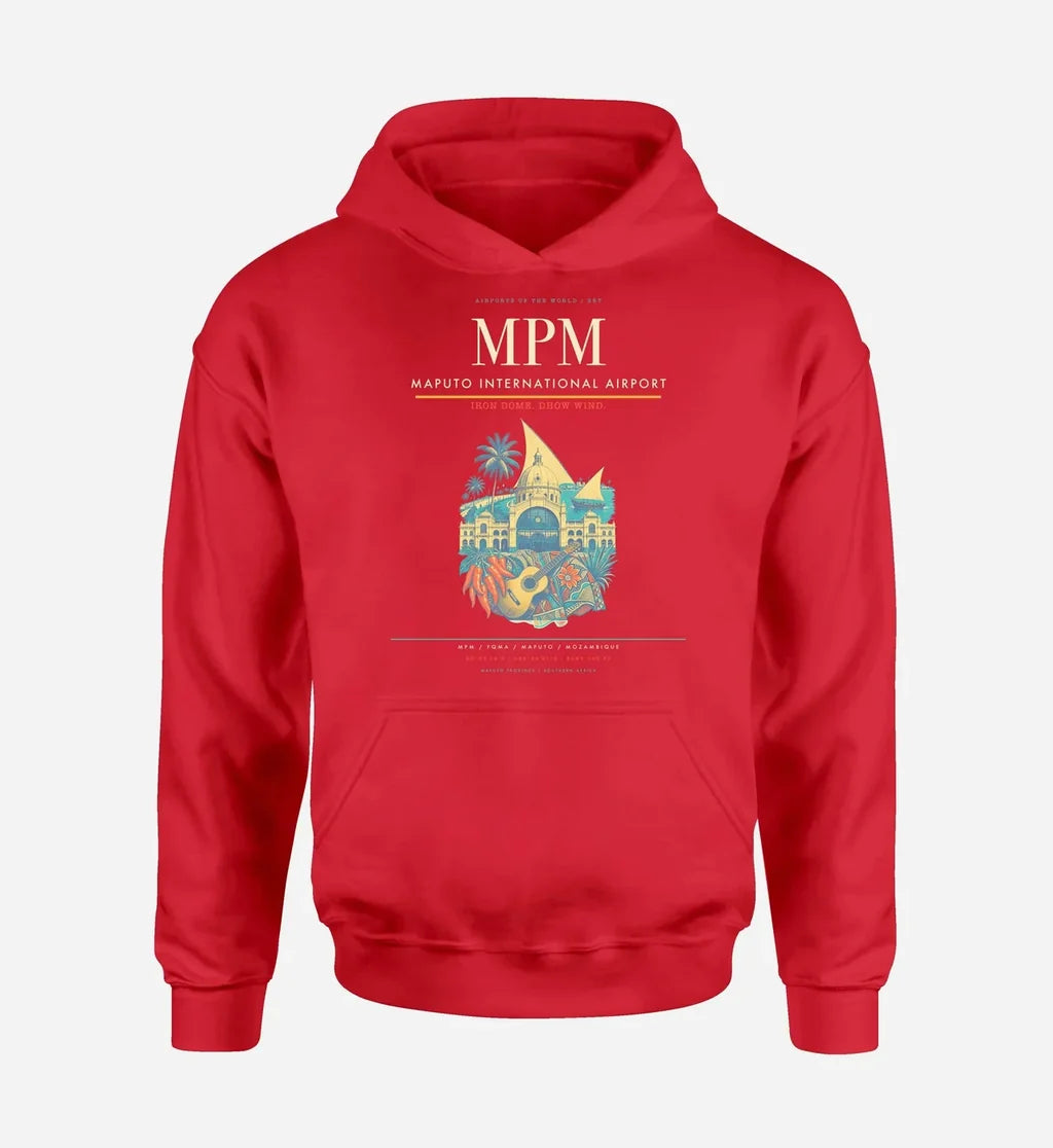 Maputo International Airport (MPM) design on red hoodie single-side print