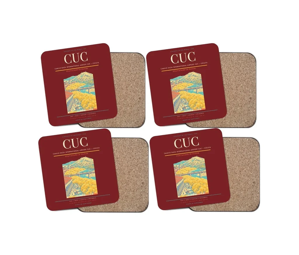 Camilo Daza International Airport (CUC) design on dark red 4 pieces set coaster