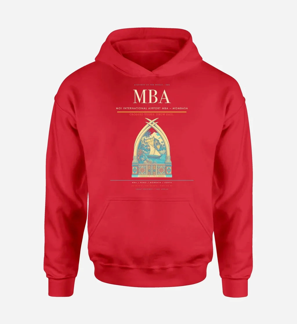 Moi International Airport (MBA) design on red hoodie single-side print
