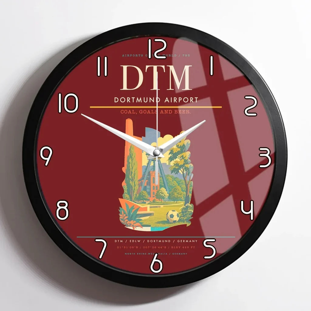 Dortmund Airport (DTM) design on dark red framed wall clock