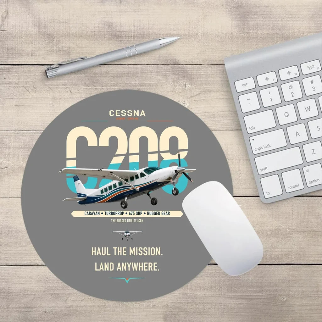 Cessna 208 Caravan design on gray round mouse pad