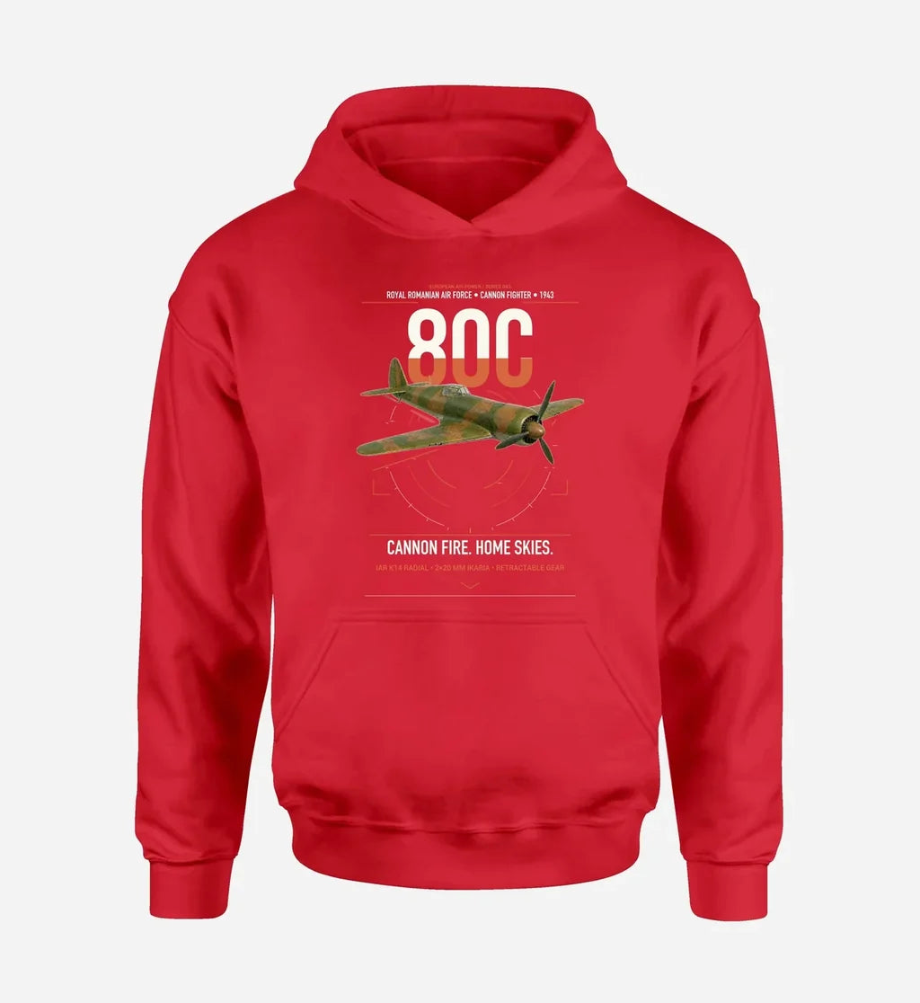 IAR 80C design on red double-side hoodie, single-side print