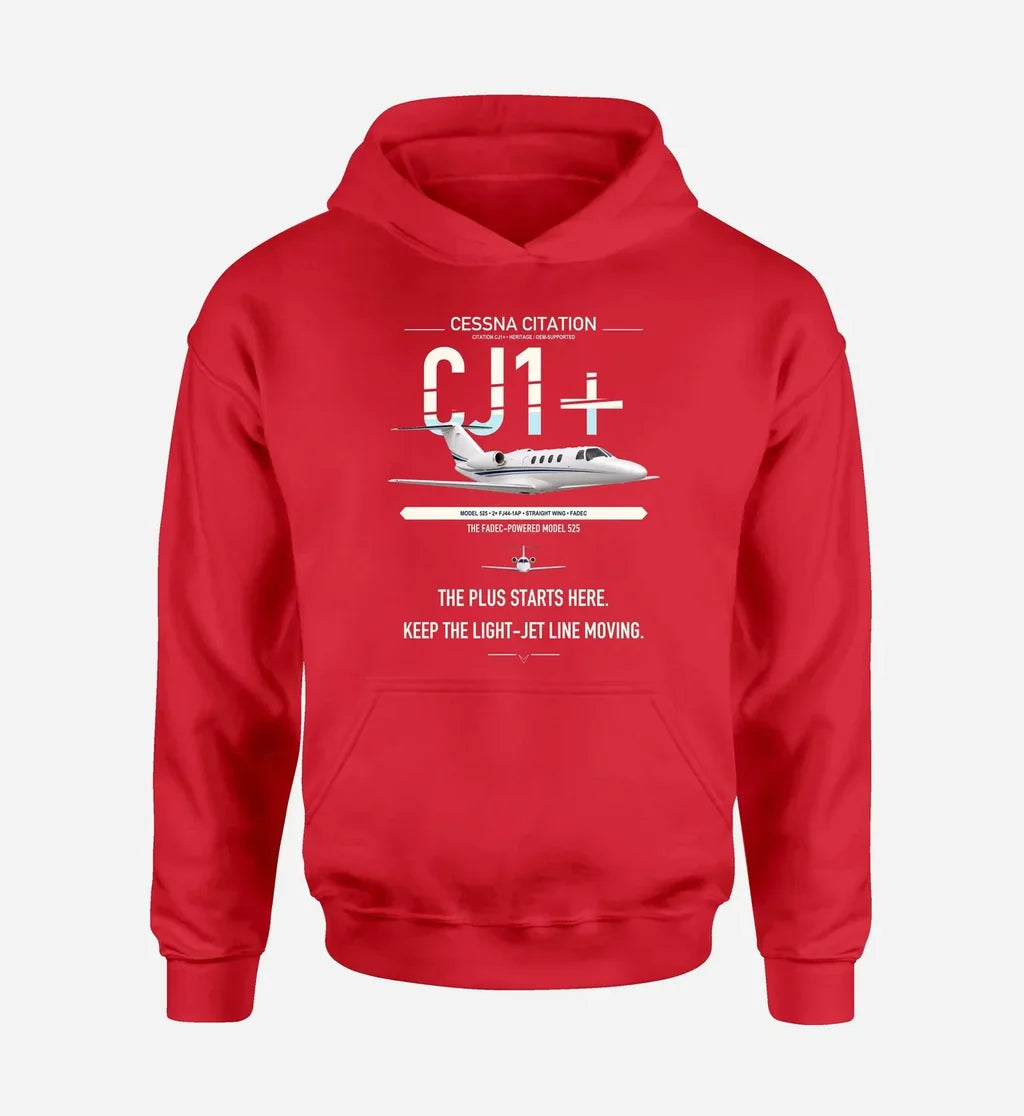 Cessna Citation CJ1+ design on red double-side hoodie, single-side print