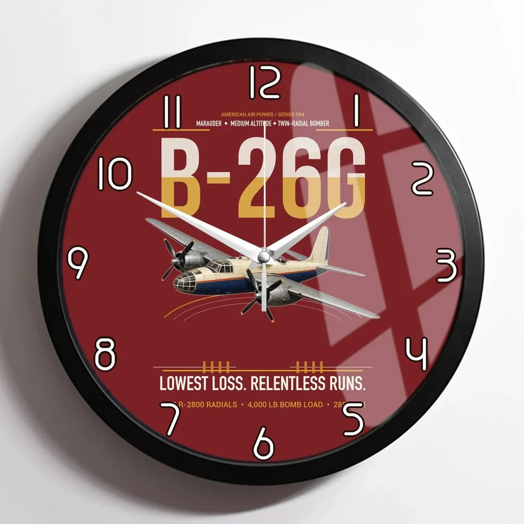 B-26G Marauder design on dark red framed wall clock