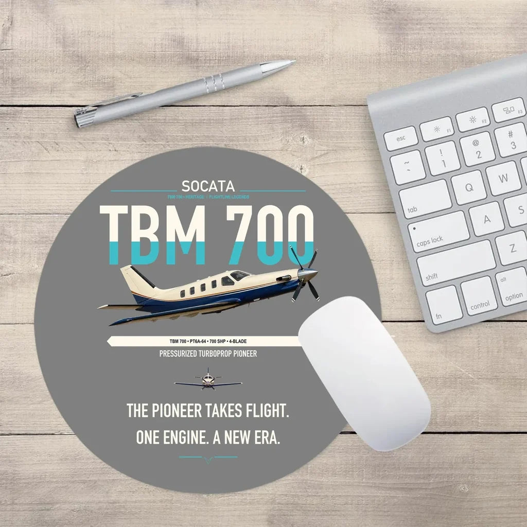 Socata TBM 700 design on gray round mouse pad