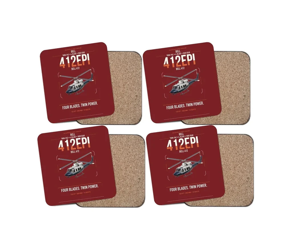 Bell 412EPI design on dark red 4 pieces set coaster