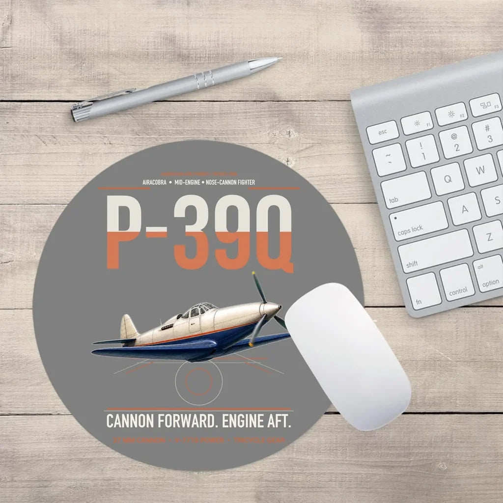 P-39Q Airacobra design on gray round mouse pad