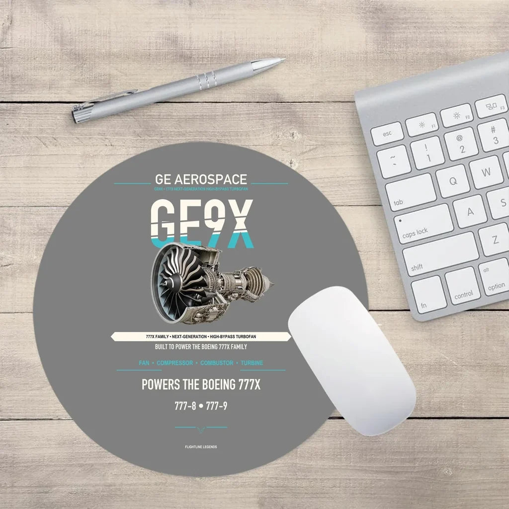 GE9X design on gray round mouse pad