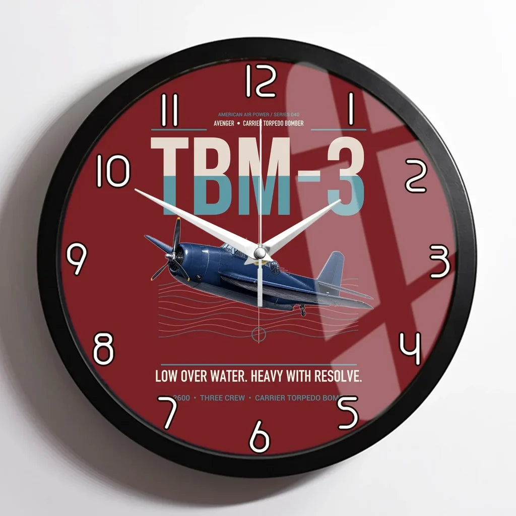 TBM-3 Avenger design on dark red framed wall clock