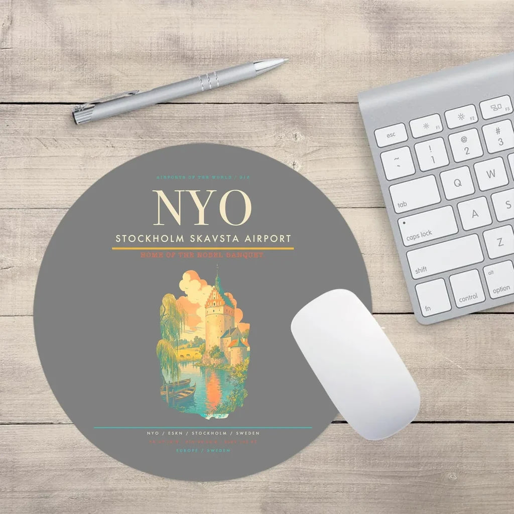 Stockholm Skavsta Airport (NYO) design on gray round mouse pad