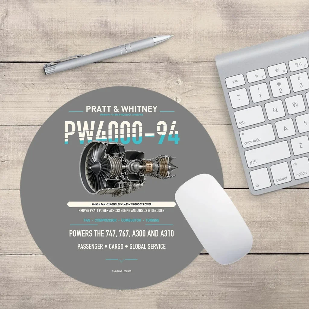 PW4000-94 design on gray round mouse pad