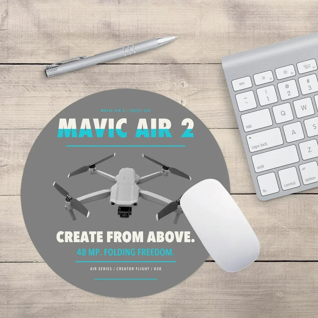 DJI Mavic Air 2 design on gray round mouse pad