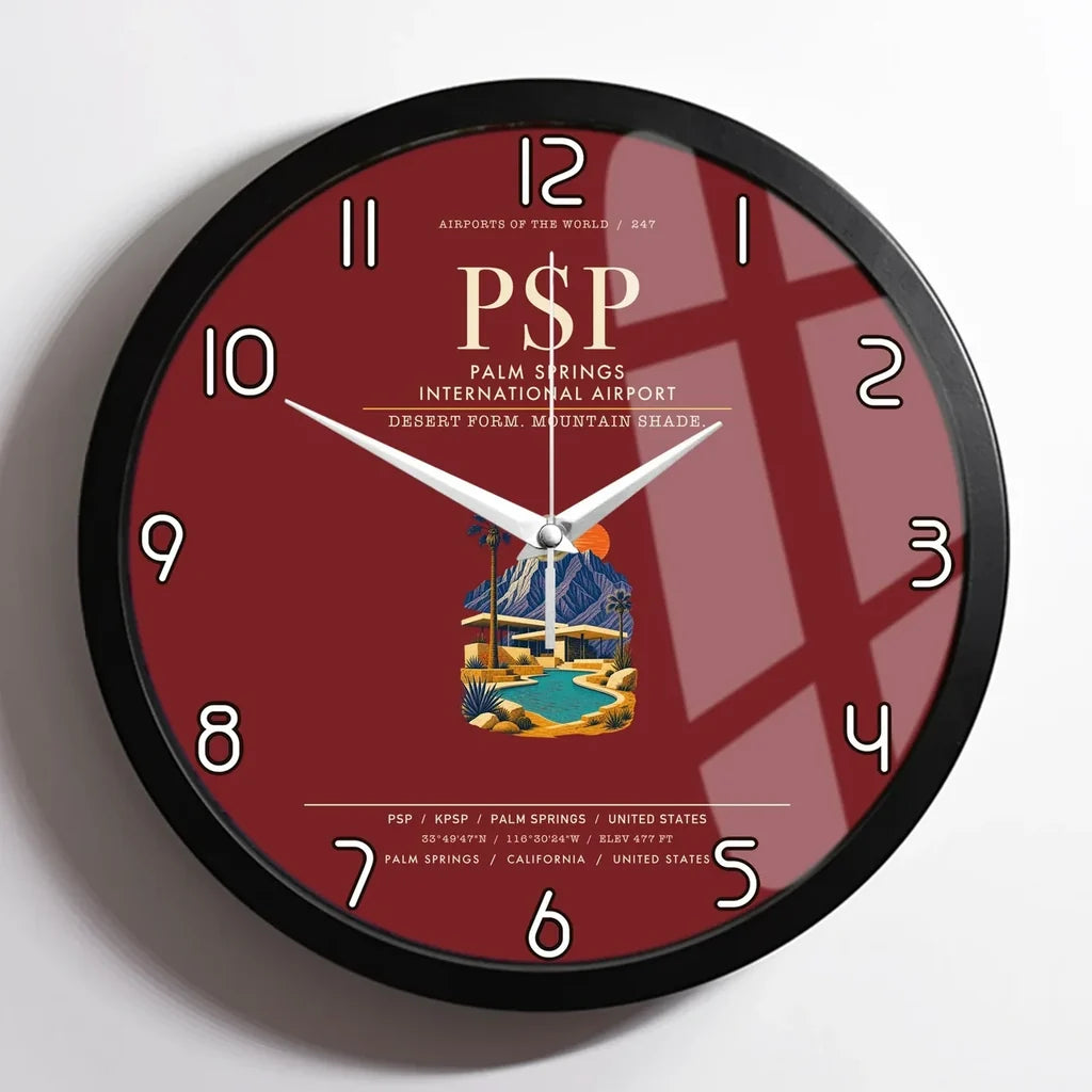 Palm Springs International Airport (PSP) design on dark red framed wall clock