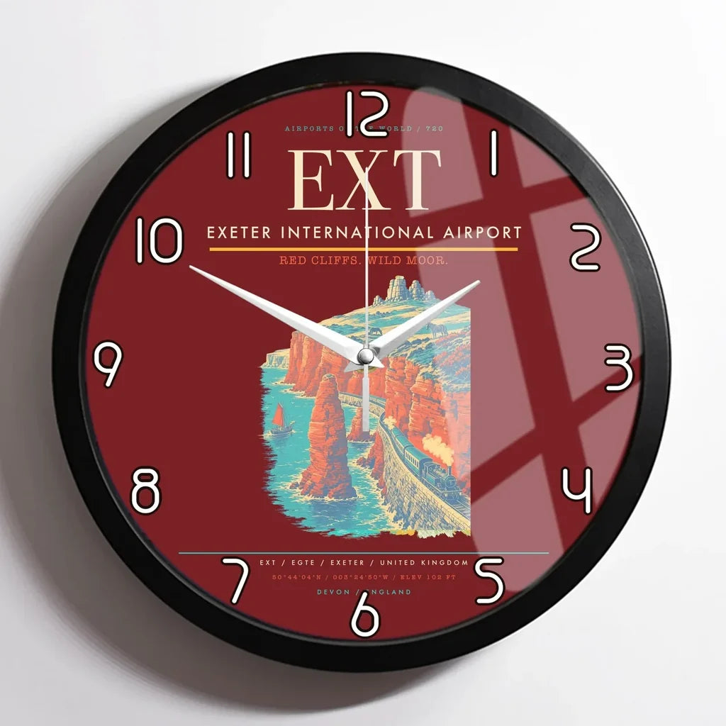 Exeter International Airport (EXT) design on dark red framed wall clock