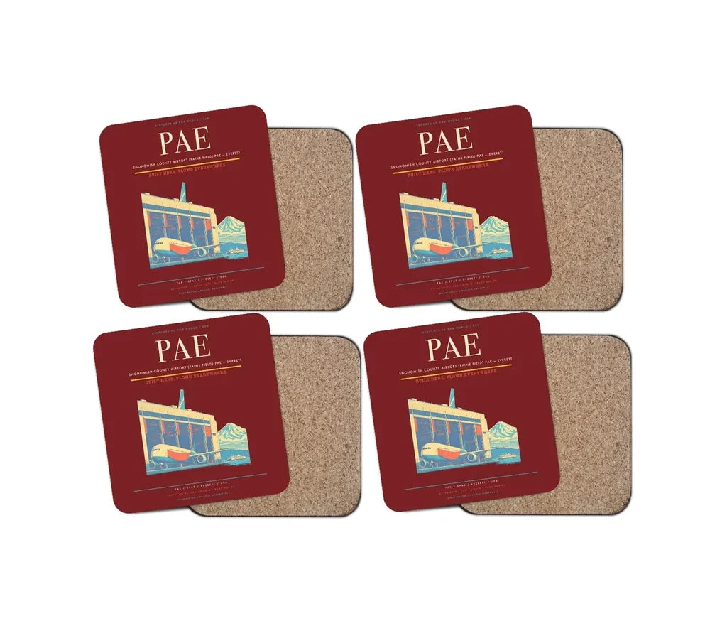Snohomish County Airport (Paine Field) (PAE) design on dark red 4 pieces set coaster
