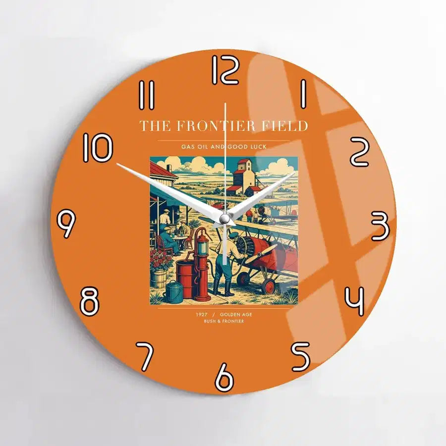 VINTAGE G4034 - The Frontier Field - Designed Wall Clocks design on orange no-frame