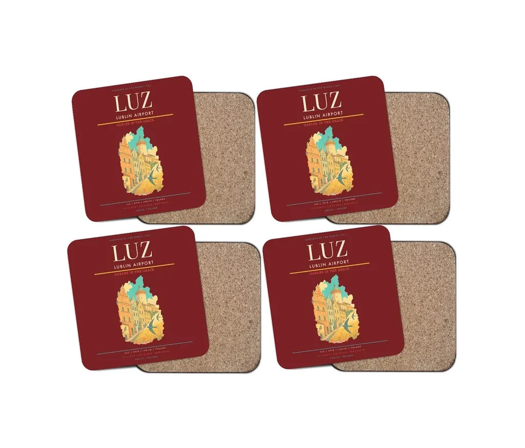 Lublin Airport (LUZ) design on dark red 4 pieces set coaster