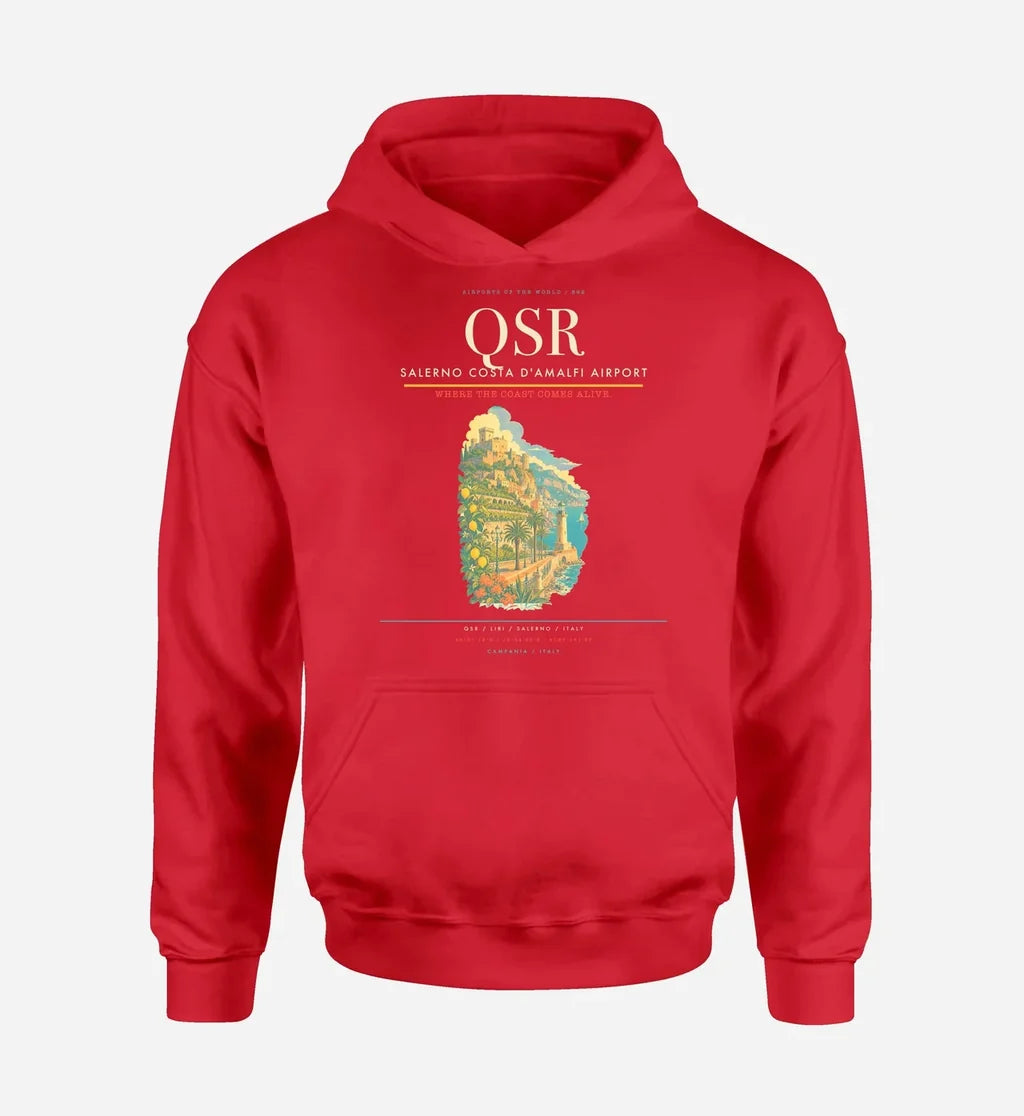 Salerno Costa d'Amalfi Airport (QSR) design on red hoodie single-side print