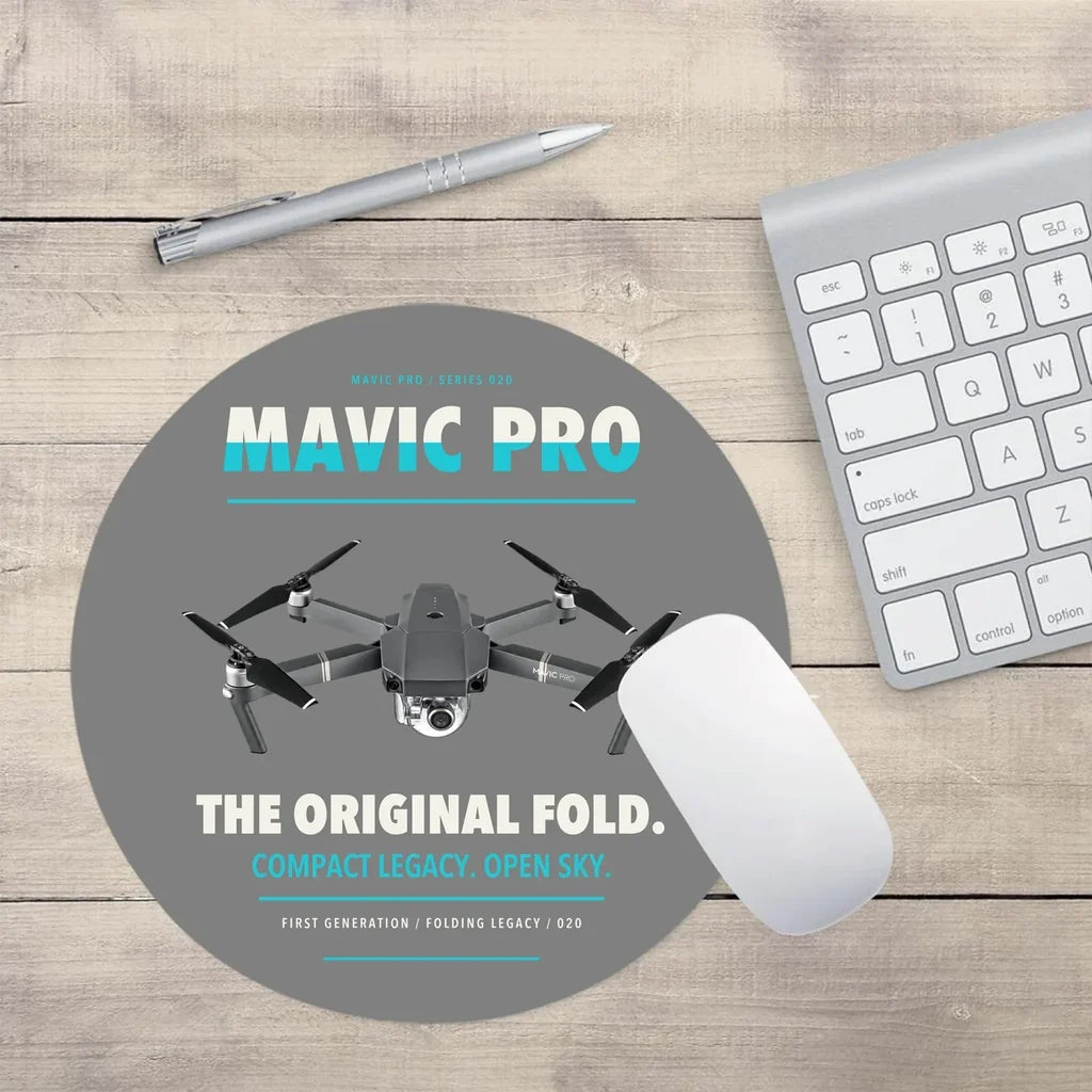 DJI Mavic Pro design on gray round mouse pad