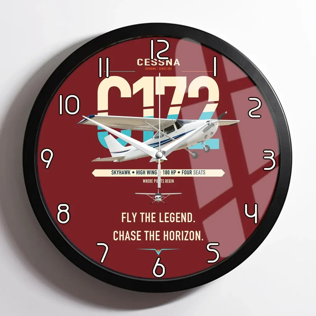 Cessna 172 Skyhawk design on dark red framed wall clock
