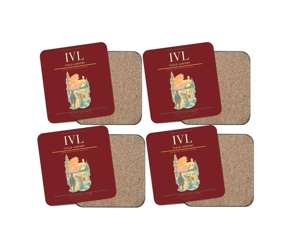 Ivalo Airport (IVL) design on dark red 4 pieces set coaster