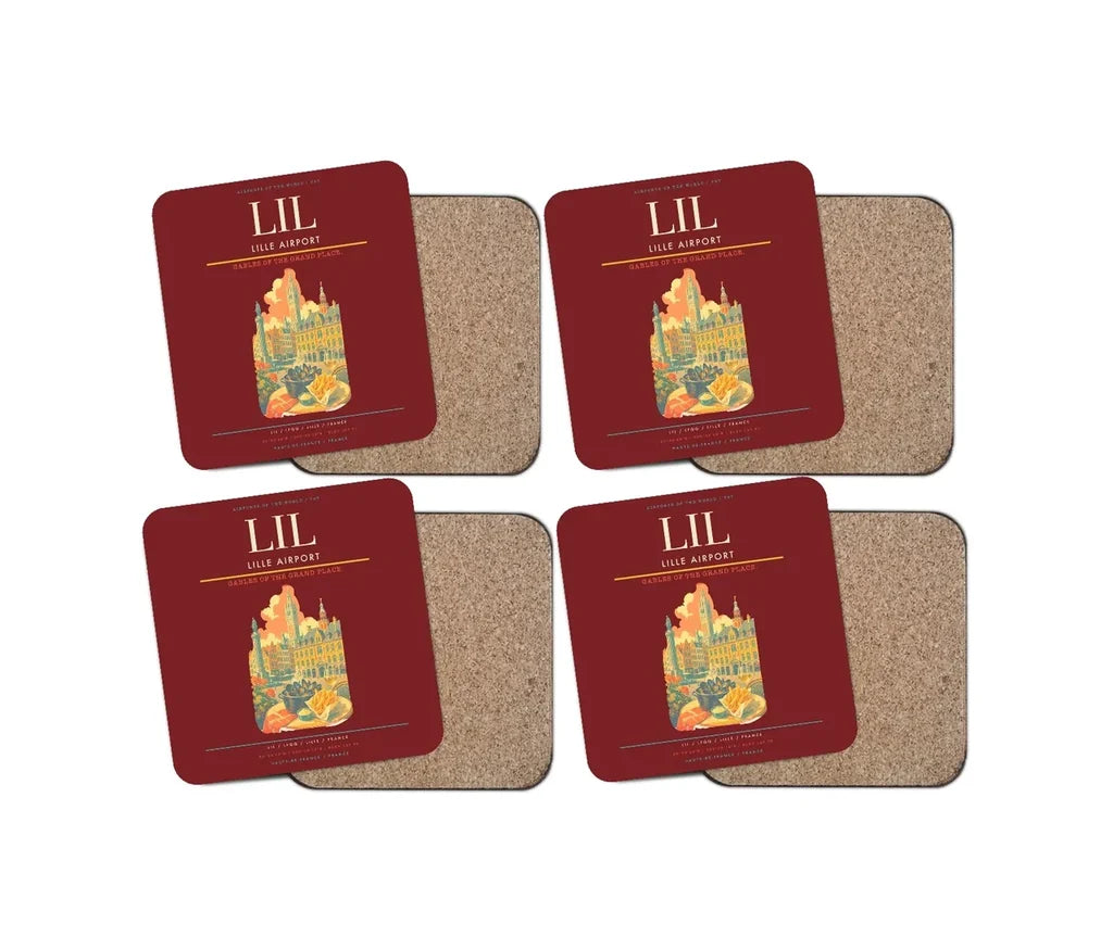 Lille Airport (LIL) design on dark red 4 pieces set coaster